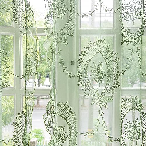 Olive Green Lace Curtains 57W x 72L two panels, farmhouse embroidery, 3