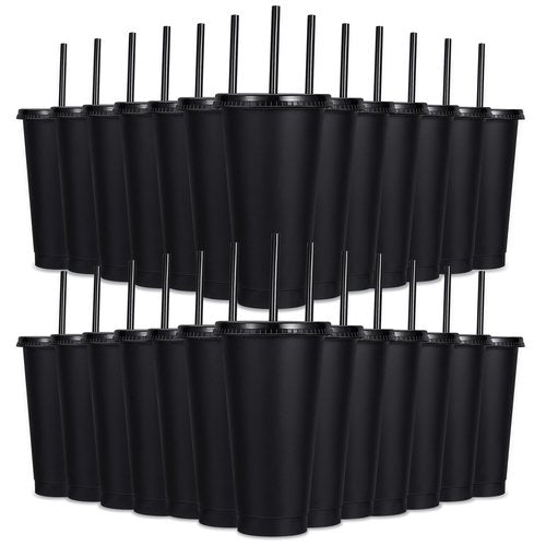 24 Pack Plastic Tumblers with Lids and Straw, Reusable Cups with Lids and Straws Colorful Cups for Cold Drink Iced Coffee, Plastic Tumbler Bulk for Party Birthday Gifts (24 oz, Stylish Colors-Black)