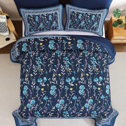 Floral Quilt Set King Size - 3-Piece Navy Blue Botanical Bedspread