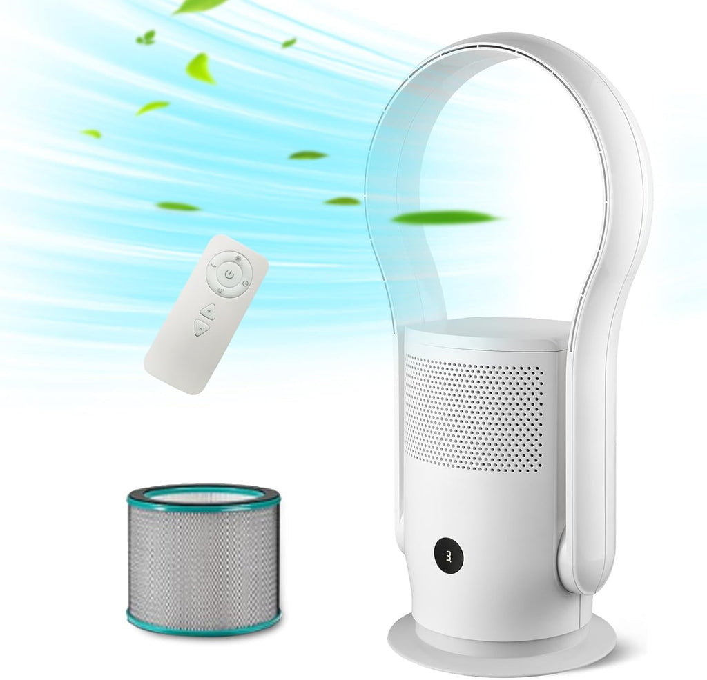 Skiennix Bladeless Tower Fan - HEPA Filter, 80° Oscillation, Remote Control, 9 Speeds, White