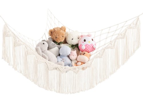 Mkono Stuffed Animal Hammock Corner Macrame Toy Storage Organizer with Lights and Tassels Boho Hanging Stuff Animals Net Large Capability Toys Display Holder for Nursery Kid Room Playroom, 1 piece