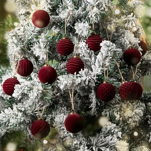 Bornerwhite 24 Pcs Burgundy Velvet Scented Christmas Balls 2.36 Inch - Flocked Holiday Ornaments for Xmas Tree & Decor