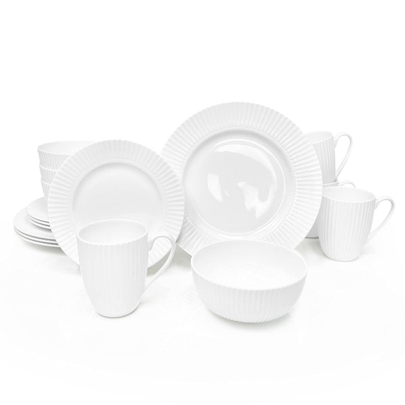 Dinnerware, 16 Piece Set Bone China, Service for 4, White Embossed stripe Dishes, Microwave Safe, Chip Resistant, Dishware, For Formal Casual and Everyday Living, Plates and Bowls Set