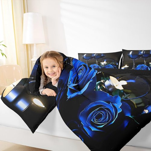 Girly 3D Rose Queen Comforter Set for Teens Rose Floral Wine Glass Bedding Sets Bedroom Decor Blue Flowers Down Comforter Couple Valentine's Day Duvet Insert Black Grey Quilted Comforter, 3Pcs