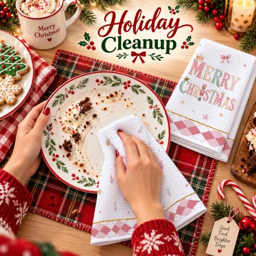 Dainty Pink Holly Jolly Christmas Kitchen Towels Set of 2 - Holiday Farmhouse Decor