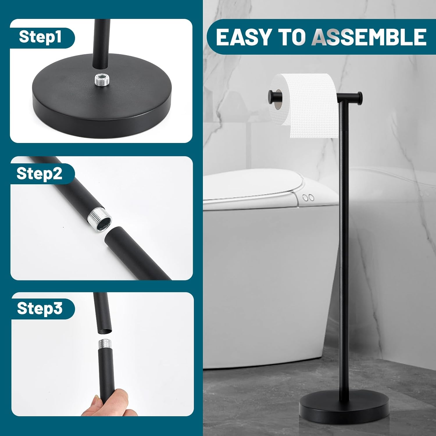 Skiennix Toilet Paper Holder Stand - Rustproof Free-Standing Design with Stable Weighted Base | Black Finish