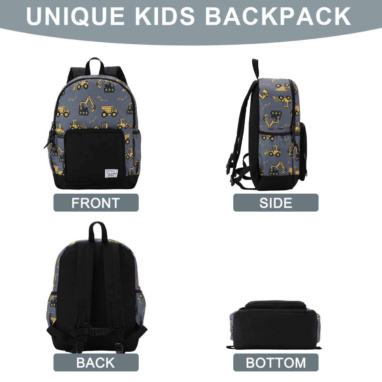 VASCHY Toddler Kids Backpacks, Cute Lightweight Water Resistant Preschool Backpack for Little Boys with Chest Strap Excavator