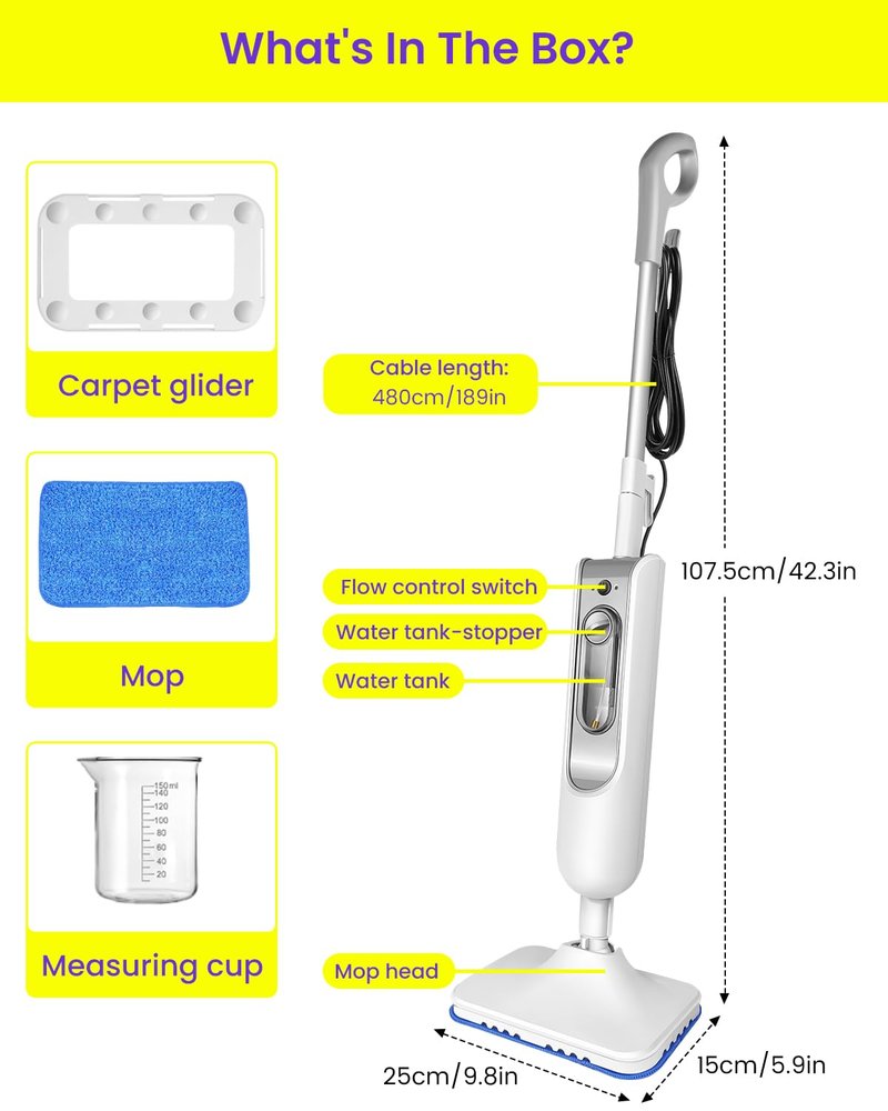 Steam Mop for Floor Cleaning, Effortless Ergonomic Design Floor Steamer for Hardwood and Tile, Adjustable Steam Modes, 1500W High Power, 16.4ft Cord, 400Ml XL Tank, 2 Washable Pad (1)