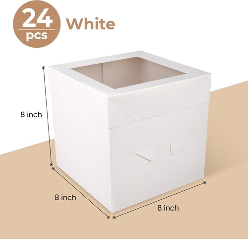 Cakebon Cake Boxes - 8x8x8 Inch 24-Pack | Windowed Design for Birthdays, Weddings & Parties