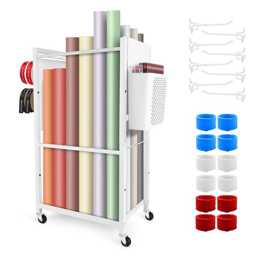 Essenhome Adjustable Wrapping Paper Organizer Cart With 12Pcs Slap Bands, Rolling Wrapping Paper Storage,Gift Wrap, Blueprint Storage, Craft Organizers