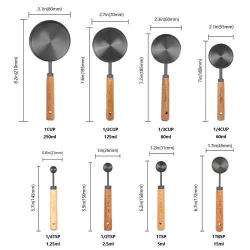 Measuring Cups and Spoons Set with Fragrant Wood Handles, 8 Piece Measuring Spoons and Measuring Cups Set,Precision Measuring Cup Set for the Kitchen Enthusiast(Black)