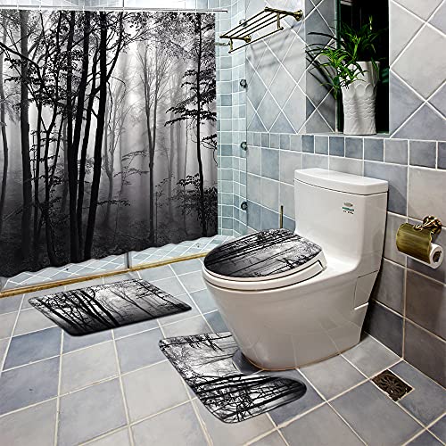 Dark Foggy Forest 4-Piece Shower Curtain Set with Rugs & Toilet Cover