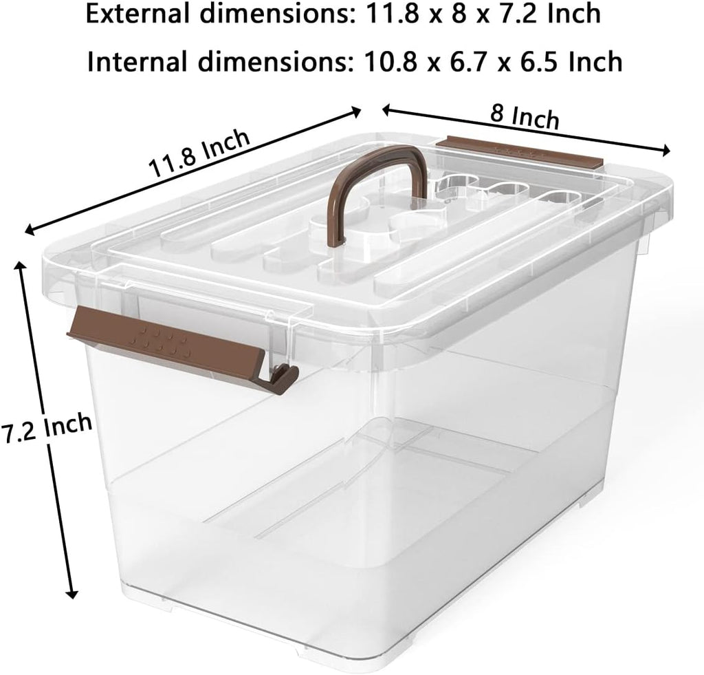 WYT 7 Quart Clear Storage Latch Box - Stackable Plastic Bins with Brown Handle & Lid | 6-Pack