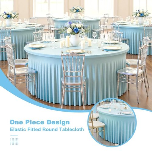 GALLETY 4 Pack Baby Blue Round Tablecloths for 6FT Tables, 132 inch Fitted Round Tablecloth with Skirt, Wrinkle Free Stretchy Table Cloth for Easter Party, Family Reunion & Spring Events