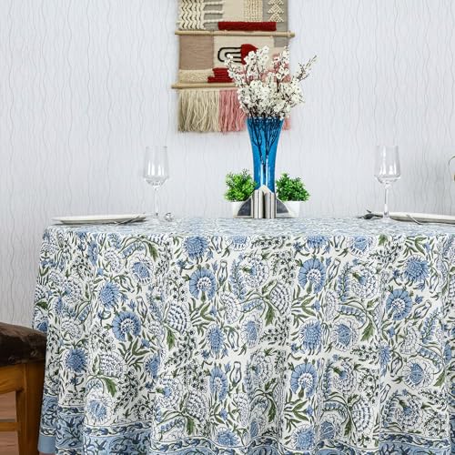 Smalt Blue 90-Inch Round Hand Block Printed Cotton Tablecloth - Floral, Washable, Home Decor
