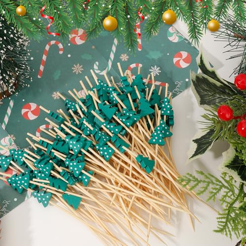 Christmas-Green Tree Cocktail Picks 100 Pcs Bamboo Skewers for Appetizers & Garnish