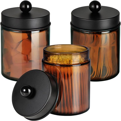 Amber Glass Qtip Holder - Apothecary Jar Qtip Dispenser with Metal Lid | 3-Pack Bathroom Organizer Set