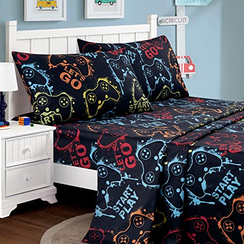 4-Piece Gamer Bed Sheet Set - Full Size Retro Video Game Pattern Bedding