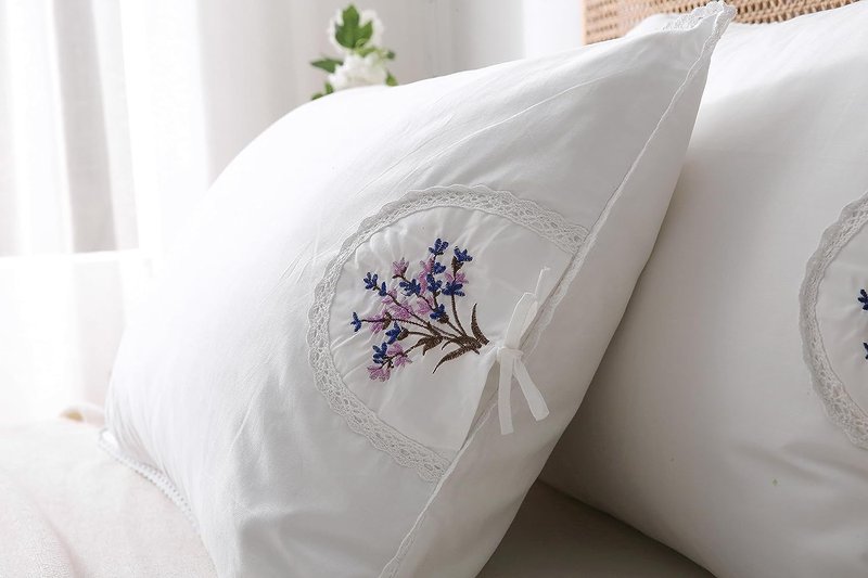 White Embroidery Pillowcases Lavender Flower Pillow Shams with lace 100% Cotton 2-Pack Twin Standard Size (26"x20")