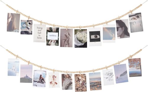 Mkono Hanging Photo Display - Boho Wooden Bead Garland with 10 Clips | 2 Pack for Bedroom Decor & Gifts