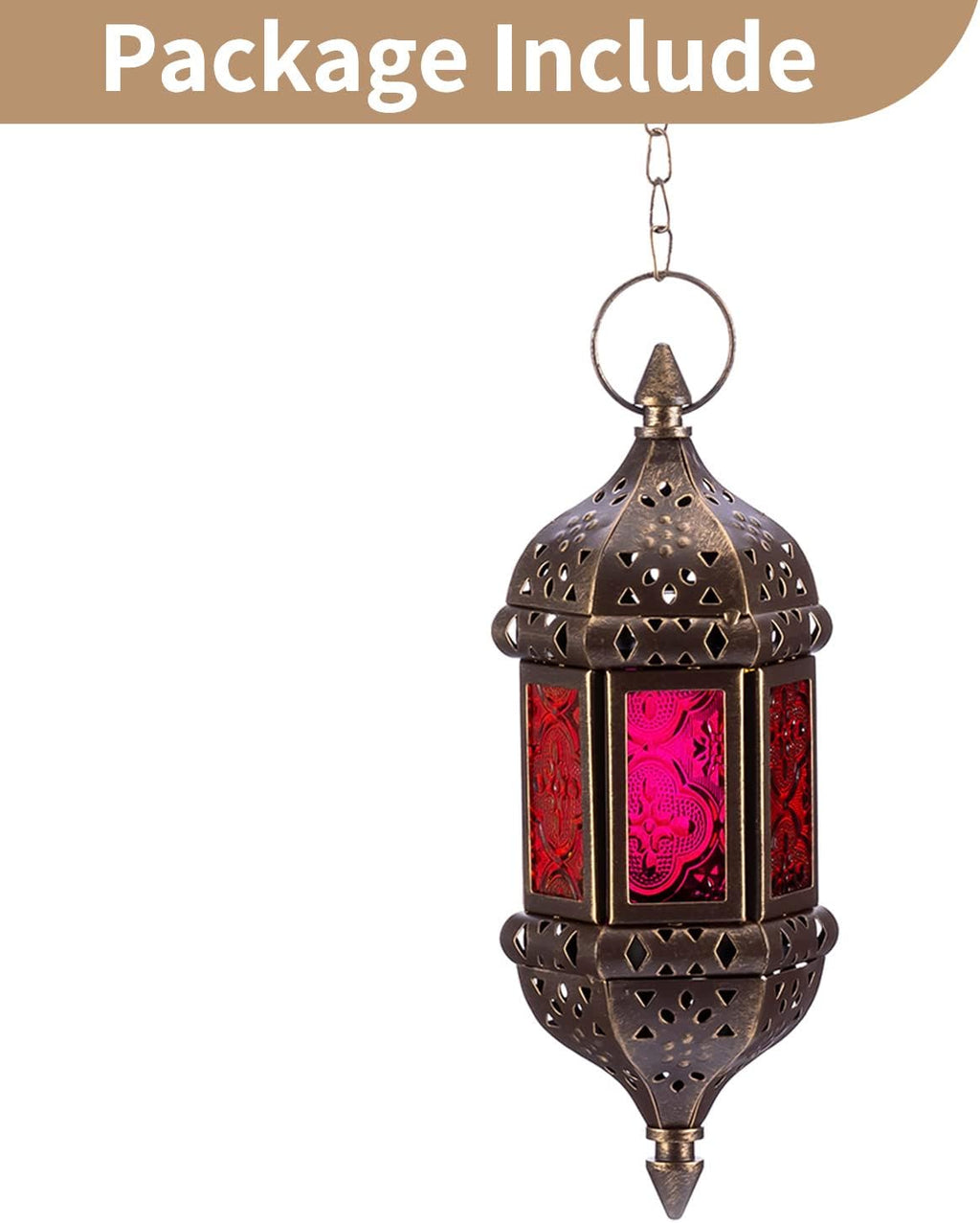 Skiennix Hanging Hexagon Candle Lantern - Handmade Moroccan Tea Light Holder in Brown Metal & Colorful Glass