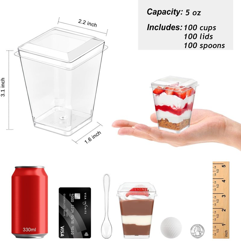 Zezzxu 100 Pack 5 oz Plastic Dessert Cups with Lids and Spoons, Banana Pudding Cups with Lids Mini Dessert Shooters for Party Individual Yogurt Parfait Jello Fruit Trifle