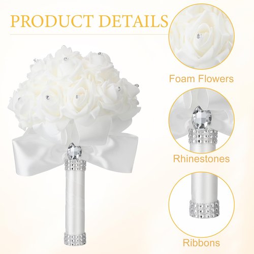 Jutom 6 Pack Wedding Bouquets for Bride Roses Bridesmaid Bouquet Bridal Bouquet Flowers Wedding Hand Holding Bouquet with Diamond Soft Ribbons for Engagement Bridal Shower Church Party (White)