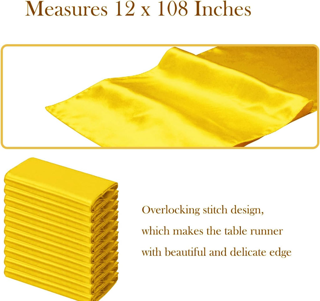 Skiennix Wedding Satin Table Runners - 10 Pack, 12 x 108 Inches, Perfect for Parties & Events - Yellow