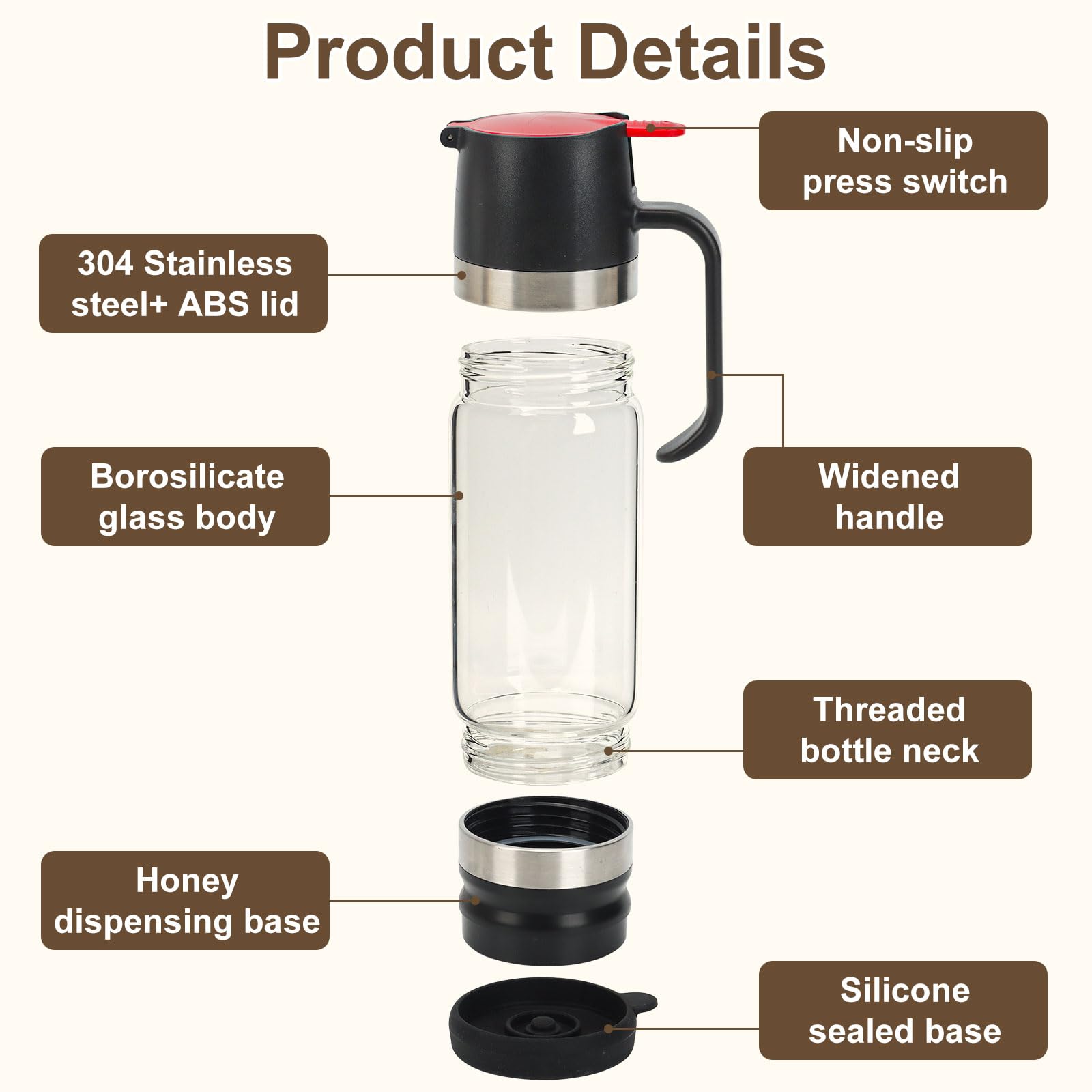 YIK TUNG 12 Oz Glass Honey Dispenser Pot with Silicone Base No Drip Honey Container Jar, Maple Syrup Dispenser with Handle for Pancake, Coffee or Tea Black