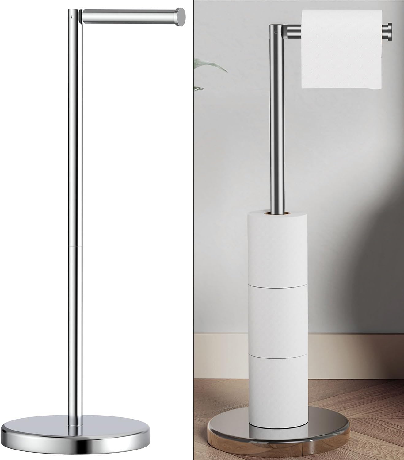 Polished Chrome Toilet Paper Holder Stand by [Brand Name] - Free Standing Design for 4 Rolls, Stainless Steel with Non-Slip Base