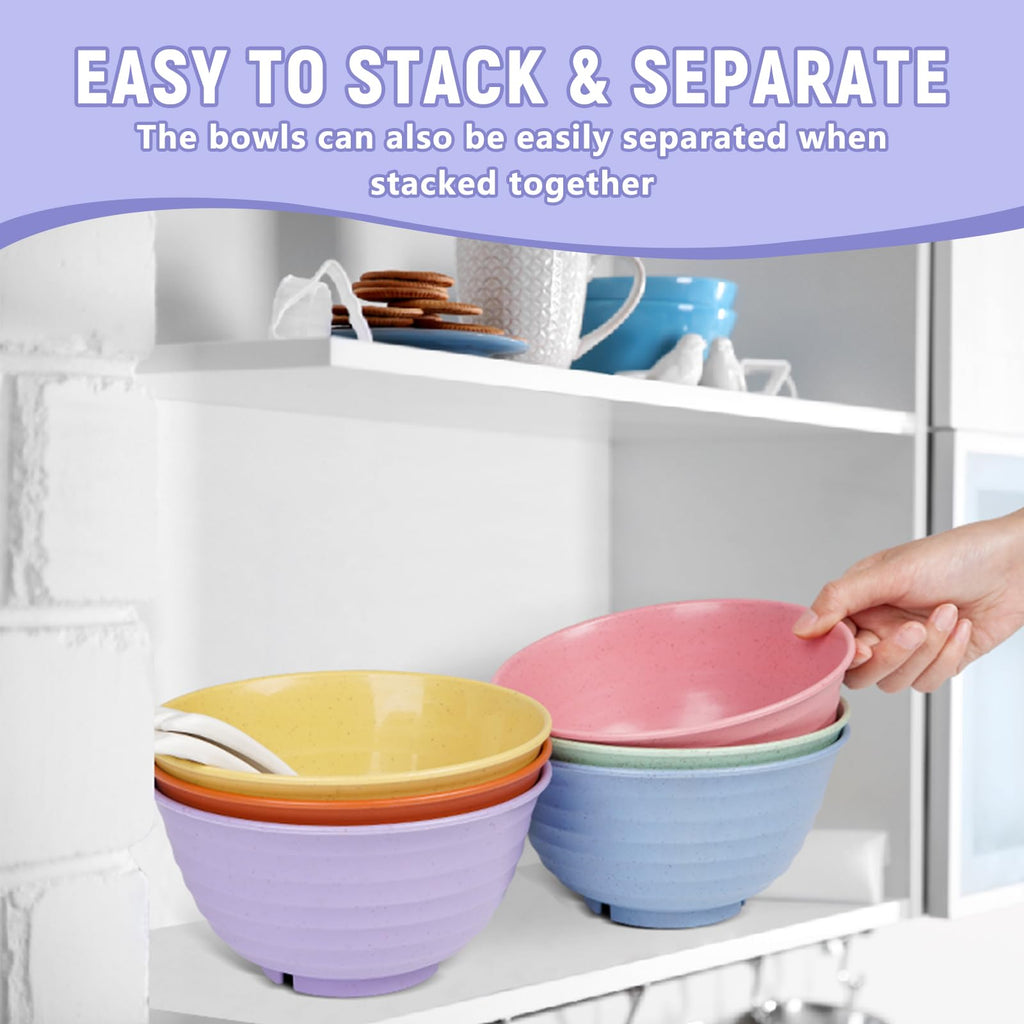 ZENGABIA Cereal Bowls, 34 Oz Large Wheat Straw Dinnerware Sets of 6 with Spoon, Unbreakable Plastic Soup Bowls Reusable Microwave Dishwasher Safe for Salad Noodle Kitchen Breakfast, Multicolor