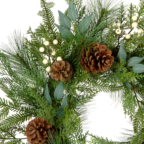 Artificial Christmas Wreath 24 Inch with White Berries & Pinecones - Indoor Decor