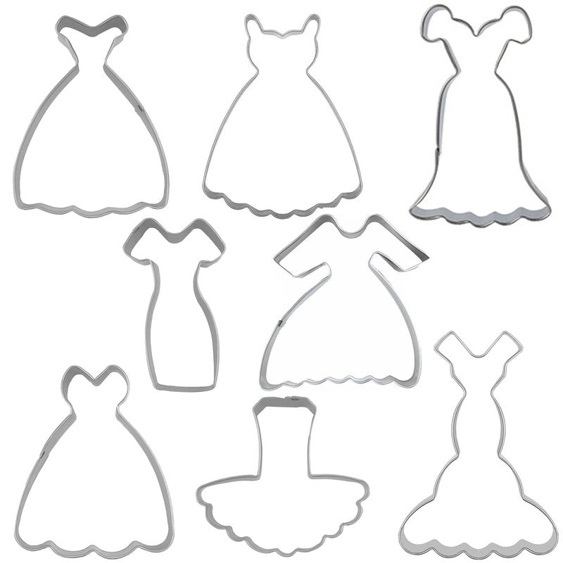 Dress Shaped Cookie Cutters Set of 8 pcs, Stainless Steel Wedding Princess Dress Fondant Cutter Molds Baking DIY