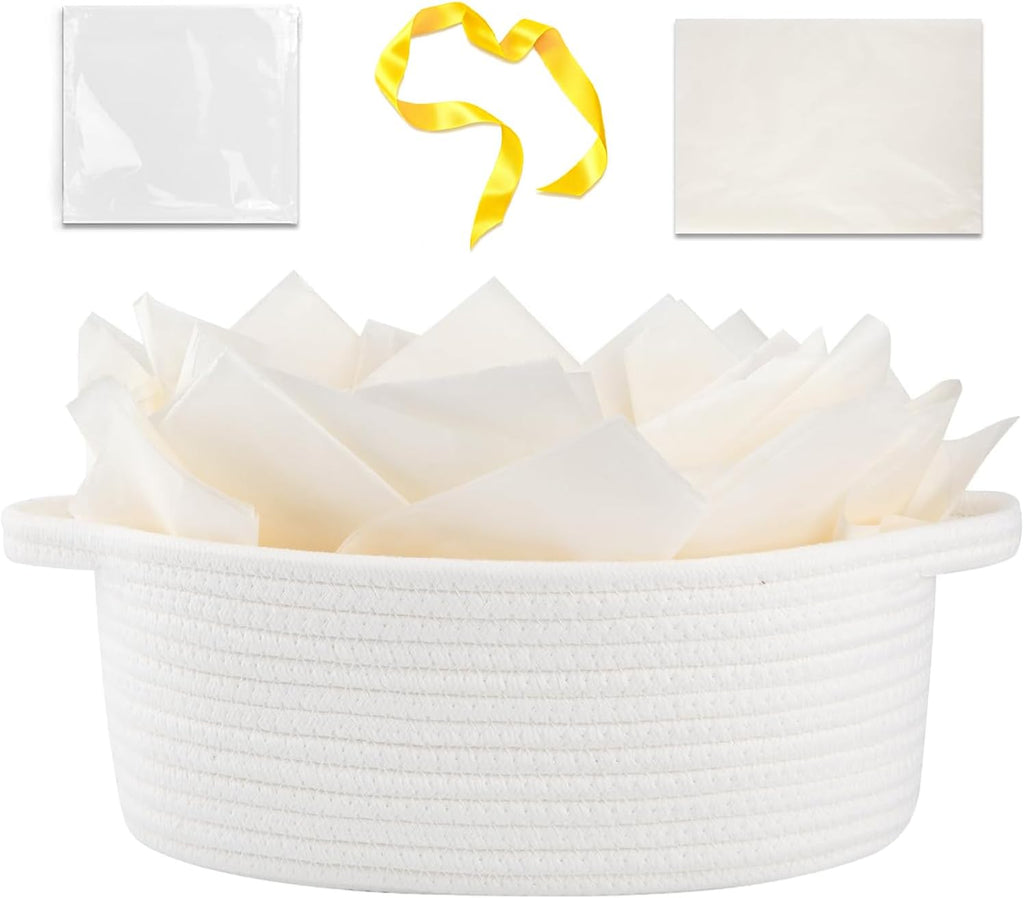 OIAHOMY Woven Gift Basket - Stylish Nursery Organizer with Handle, Gift Bag & Tissue Paper | White