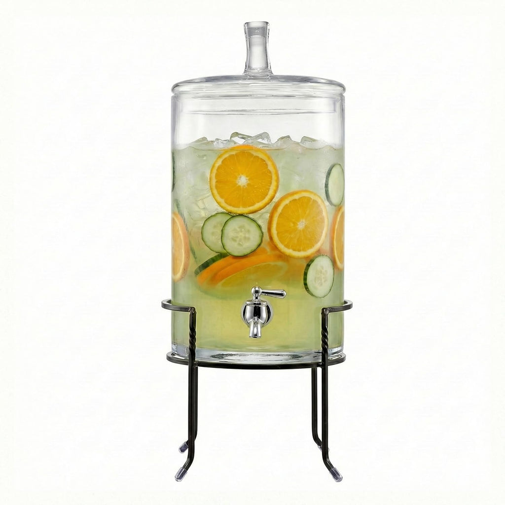 Style Setter Beverage Dispenser with Stand - 2.5 Gallon Large Countertop Glass Drink Dispenser w/Spigot & Lid - Party Drink Dispenser for Sweet Tea Lemonade Punch Water, Juice Dispensers for Parties