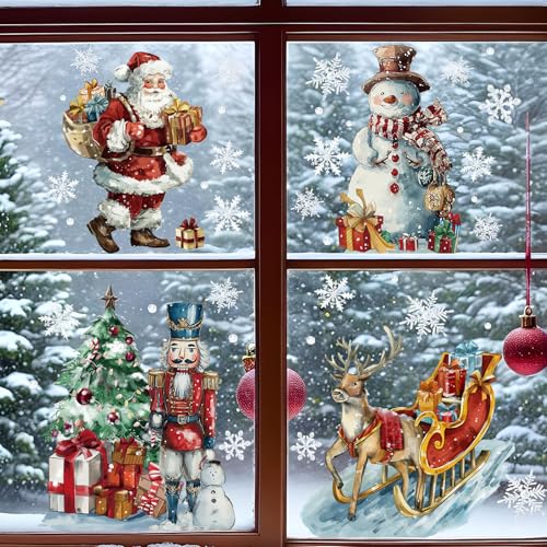 Christmas Window Clings 6 Sheets Santa Claus Snowman Nutcracker Reindeer Snowflake PVC - Reusable