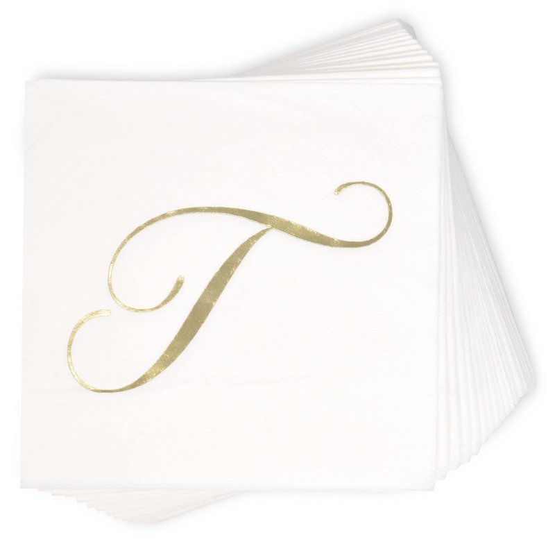 Gift Boutique 100 Gold Monogram Cocktail Napkins Letter T Disposable Paper Pack Elegant Metallic Golden Foil Hand Napkin for Powder Room Wedding Holiday Birthday Party Baby Shower Decorative Towels