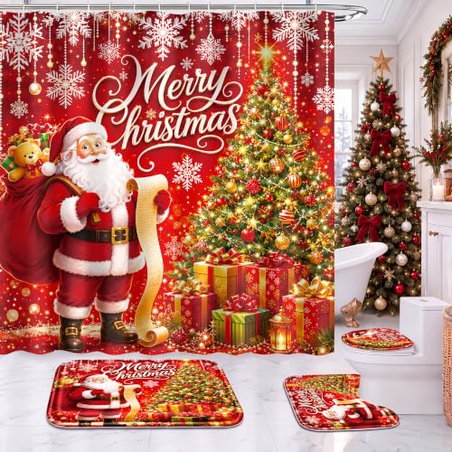 Ruikyhom Christmas Bathroom Sets with Shower Curtain & Rugs - Red Gold