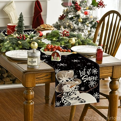 Artoid Mode Black Snowman Winter Table Runner 13x36 Inch for Holiday Decor