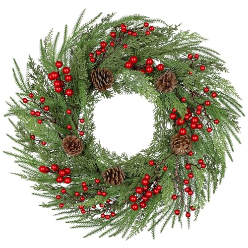 Oairse Norfolk Pine Wreath with Pinecones, Berries & Cedar - 23 Inch Indoor/Outdoor Xmas Door Decor
