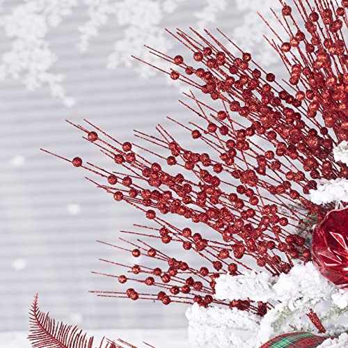 Red Glitter Holly Berry Stem Ornaments - 24 Pack for Christmas Decor
