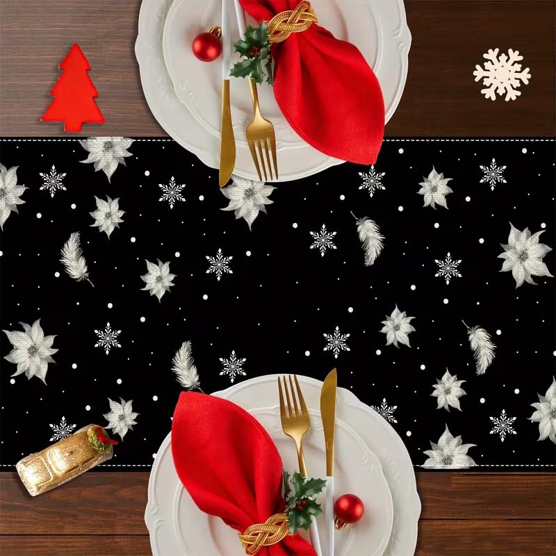 CQFusSTORE 13x60 Inch Xmas Snowman Feather White Floral Black Table Runner - Holiday Seasonal Decor