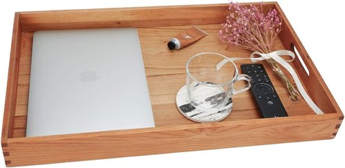 Cherry Wood Ottoman Tray - Large 22 x 14 Inches with Handles for Serving Tea, Coffee, or Breakfast