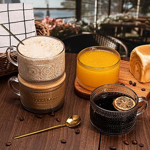 Xigugo Vintage Glass Coffee Mugs Set 4pcs 14oz with Bamboo Lids & Spoons