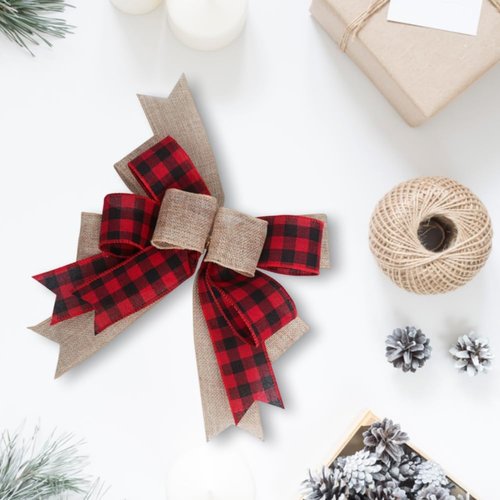 CREATCABIN Christmas Plaid Bow - 9.8 x 8.5 Inch Burlap Xmas Bowknot for Wreaths & Holiday Decor