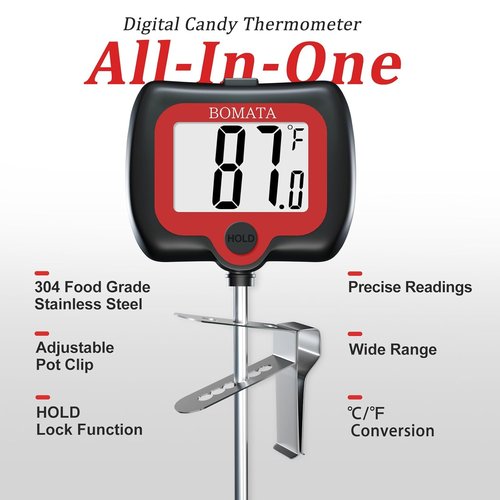 BOMATA Digital Candy Thermometer - Rotatable Display & Long Probe for Precise Cooking | Black
