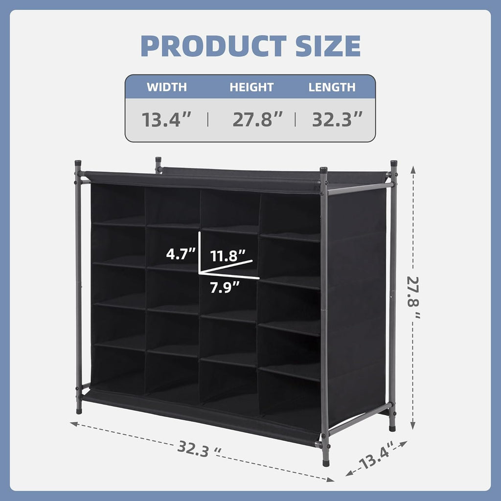 Storage Maniac Stackable Shoe Cubby Organizer - 20-Cube Free Standing Rack for Entryway & Closet - Black