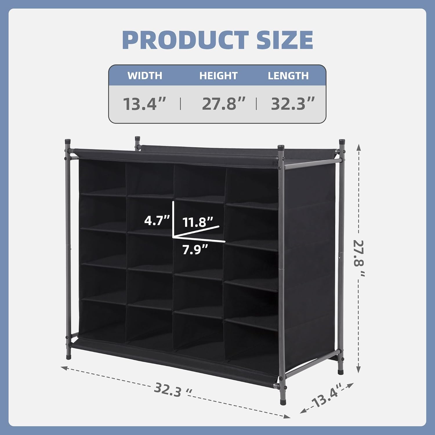 Storage Maniac Stackable Shoe Cubby Organizer - 20-Cube Free Standing Rack for Entryway & Closet - Black