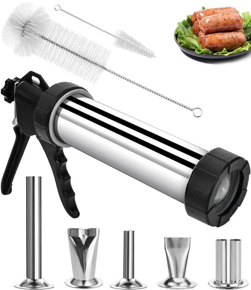 Jerky Gun for Ground Meat, Beef Jerky Making Kit, Stainless Steel Beef Jerky Gun Jerky Marker Sausage Stuffer, 1 LB Professional Jerky Gun Kits with 5 Nozzles, 2 Cleaning Brushes, Jerky Shooter