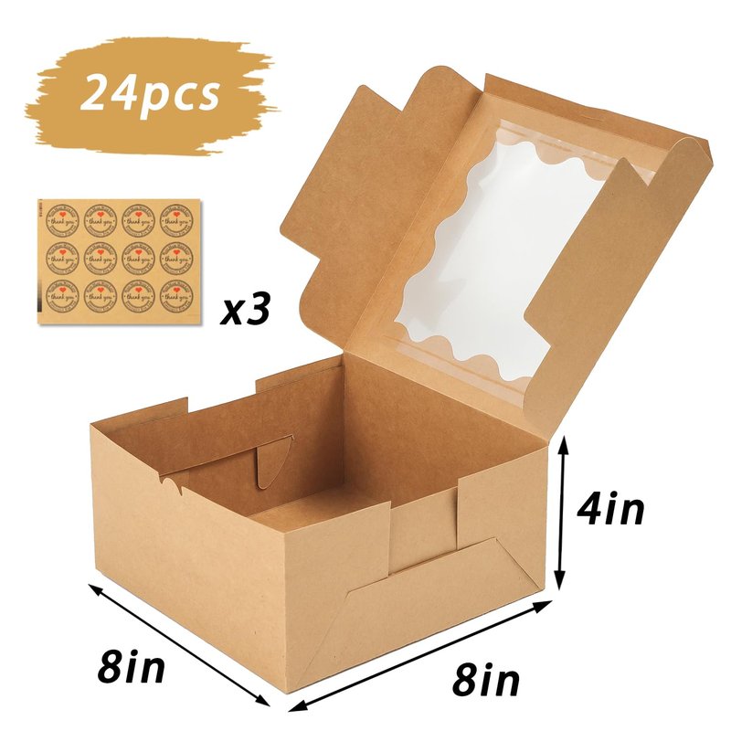Biocorpla 24pcs 8x8x4 Inches Brown Cake Boxes with Window, Bakery Boxes with Window, Pastry Boxes, dessert boxes, Cookie Boxes for gift giving, Cake, Pastries, Pie, Chocolates, Cupcakes, Cookies